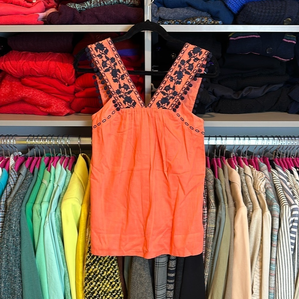 J Crew orange and black embroidered sleeveless v neck top size XXS